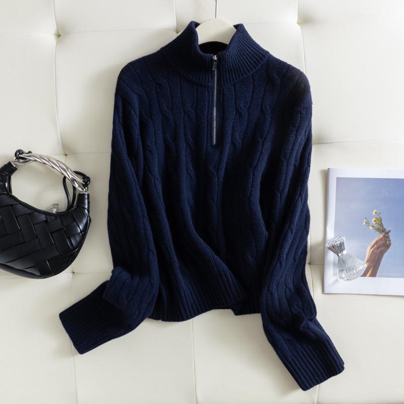 2025 Puyuan Autumn/Winter Wool Cable Knit Stand Collar Zip-Up Sweater for Women - Soft Texture