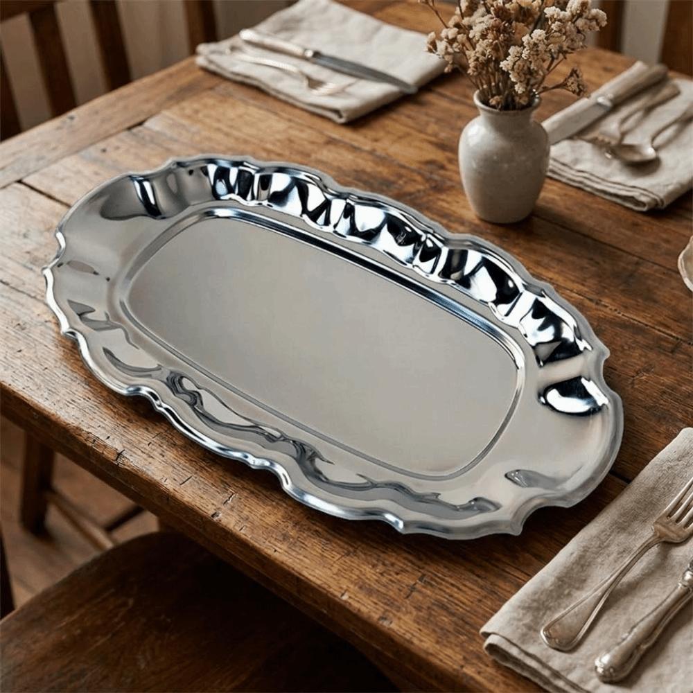 Wavy Edge Vintage Display Tray Mirror Face Dessert Storage Plate Embossed Cake Tray  Household Use