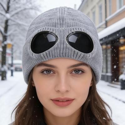 Touca de Tricô Cor Sólida Touca Quente de Tricô com Decoração de Óculos Elástica à Prova de Vento Touca de Inverno para Viagem ao Ar Livre Ciclismo Uso Diário