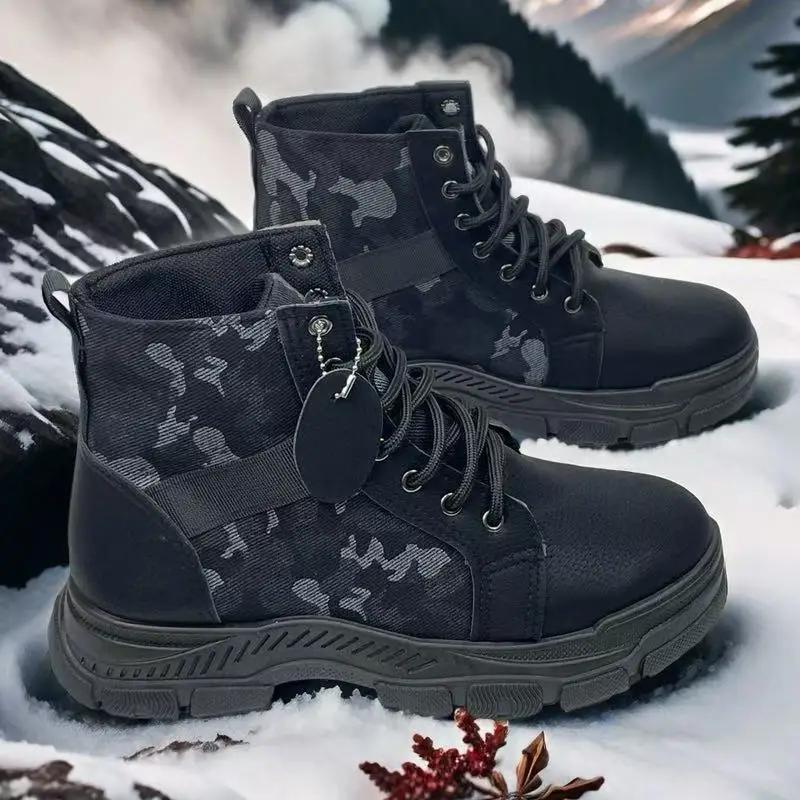 Men's Vintage Camo Work Boots Military Tactical Ankle Boots Lace-Up Non-Slip Waterproof Leather Outdoor Hiking Shoes for Men