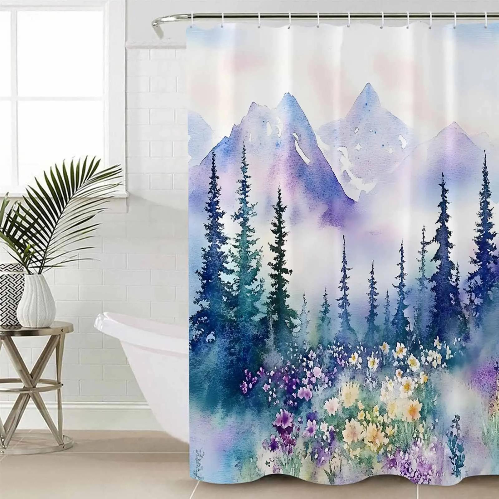 

Watercolor Mountain Tree Flower Shower Curtains Waterproof Bath Curtains Home Decor Modern Luxury Bathroom Curtain W60H190(CM)-1 Pcs