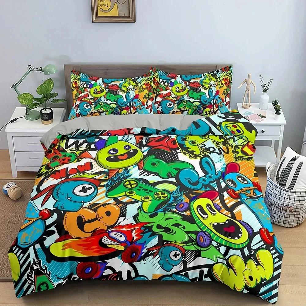 Color Comic Pattern Duvet Cover Queen King Cartoon Bedding Set For Kids Boys Girls Hippie Hip Hop Rock Style Comforter Cover
