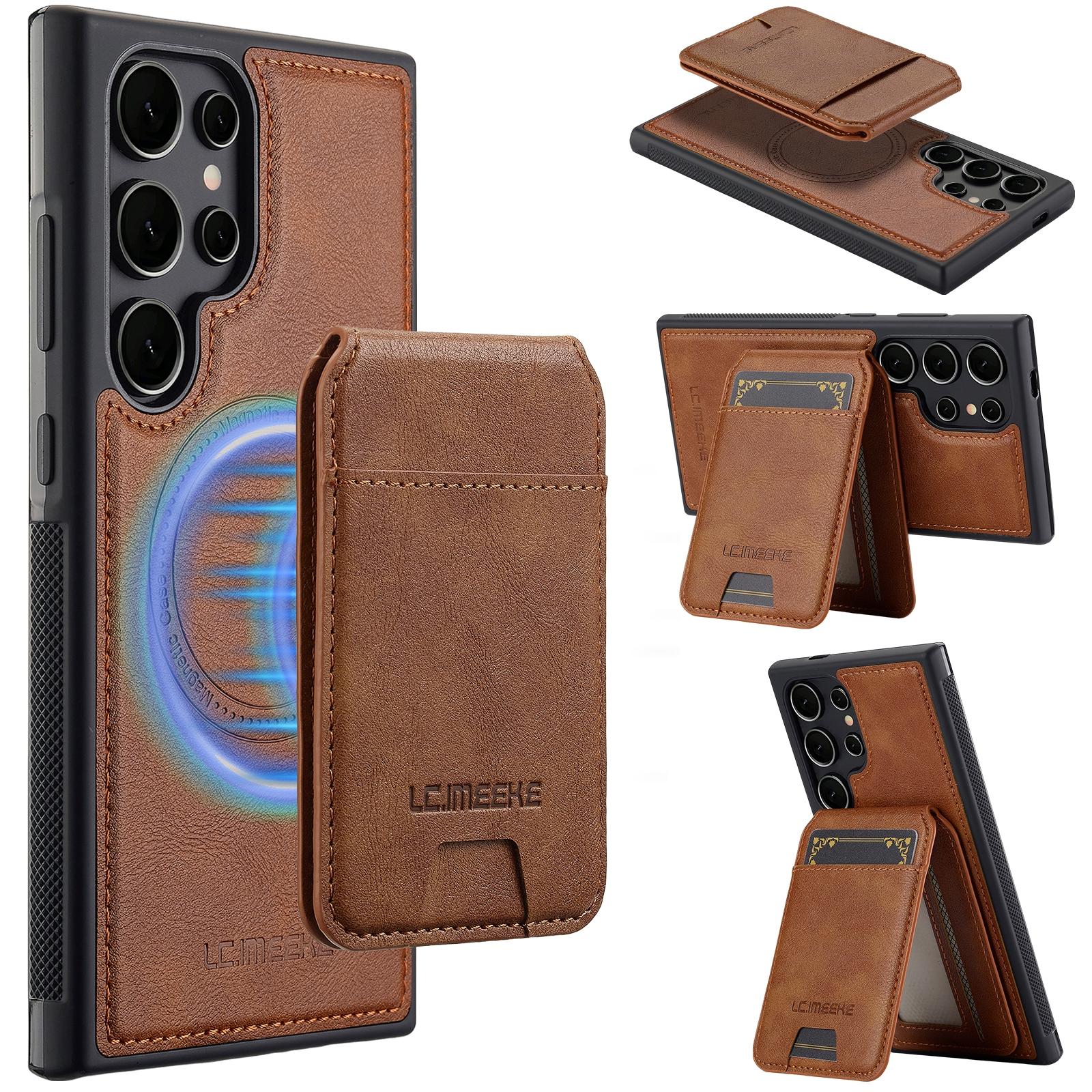 

For Samsung Galaxy S23 Ultra Magnetic Case Detachable Card Holder Leather+TPU Mobile Cover Brown