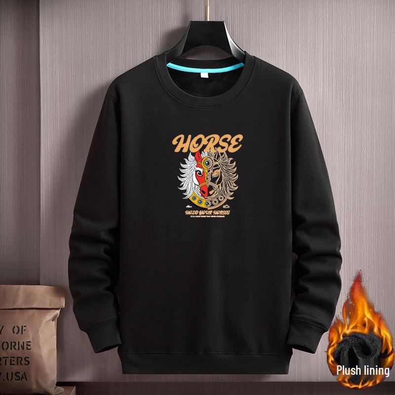 Men's Korean Style Winter Velvet Hoodie - Year of the Horse Design