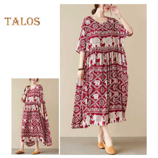 Boho Elephant Floral Print Maxi Dress for Women Oversized Cotton Linen Long Dress Casual Short Sleeve Beach Sundress