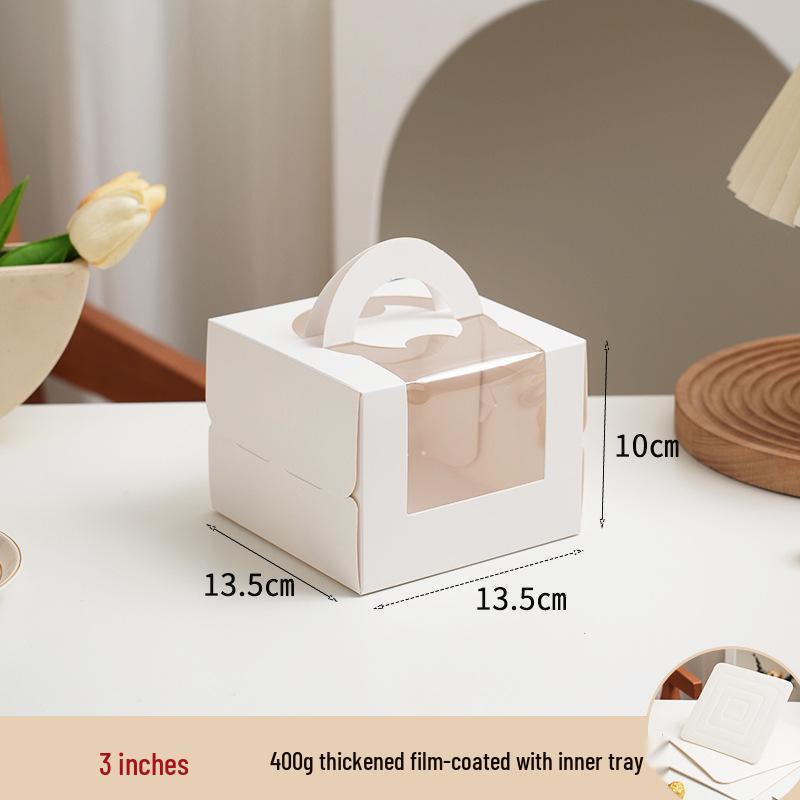 Korean Style White Handheld Cake Box, Thickened, for 4-inch Birthday or 6-inch Windowed Mousse Cakes, Heightened Design