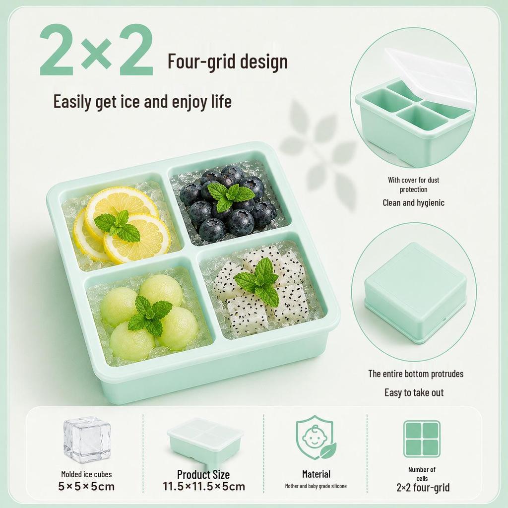 Square Ice Cube Tray with Lid - Large Silicone Mold for Home Use