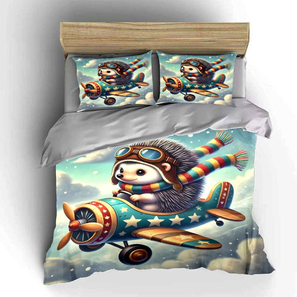 Hedgehog Flying Tiny Airplane Print Soft Comfortable Duvet Cover Bedding Set Included 1*Duvet Cover 2*Pillowcases Luxury Gift