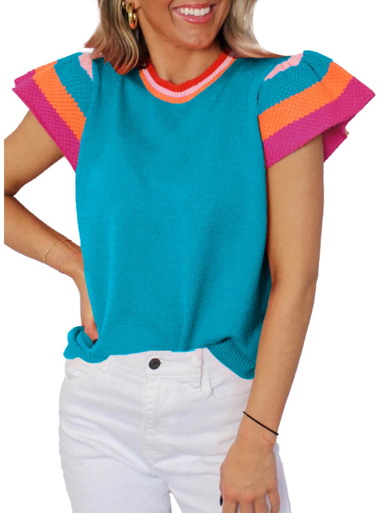 

Женский вязаный пуловер с V-образным вырезом и цветными блоками: Свободный повседневный топ с коротким рукавом для весны/лета M небесно-голубой