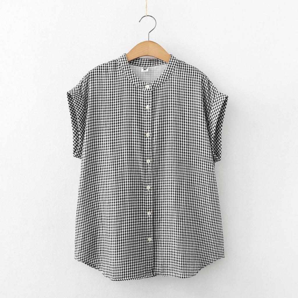 Japanese Minimalist Plaid Women's Sleeveless Stand Collar Shirt & Classic Short Sleeve Shirt