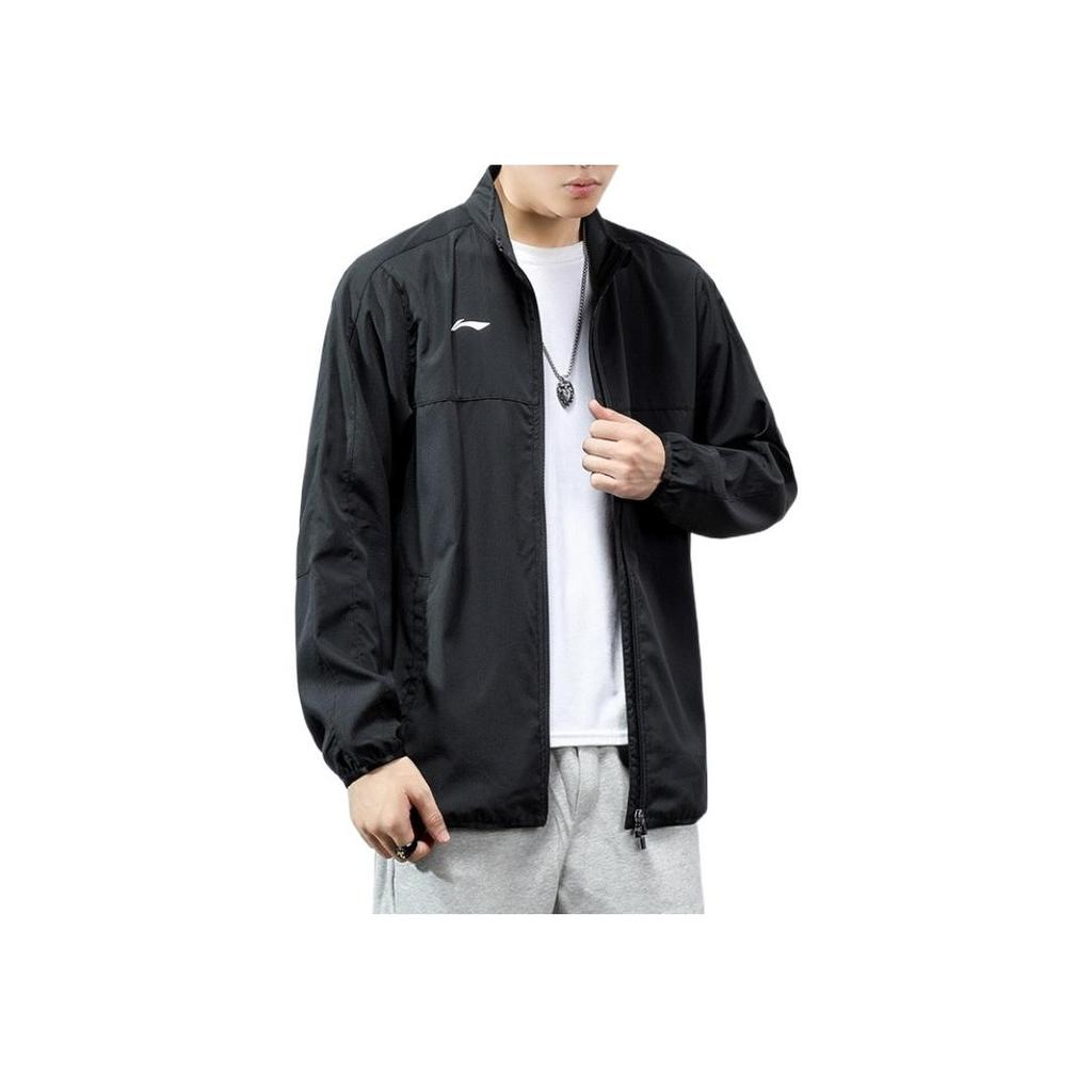 Li Ning Jednobarevná bunda se stojáčkem na zip s vyšívaným logem značky, volného střihu, s dlouhým rukávem, pánská bunda, černá AJDR475-3