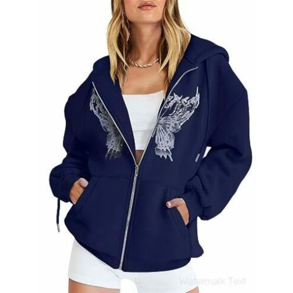 Women's Hooded Zip Up Loose Fit Long Sleeve Printed Butterfly Casual Cardigan Sweatshirt Jacket
