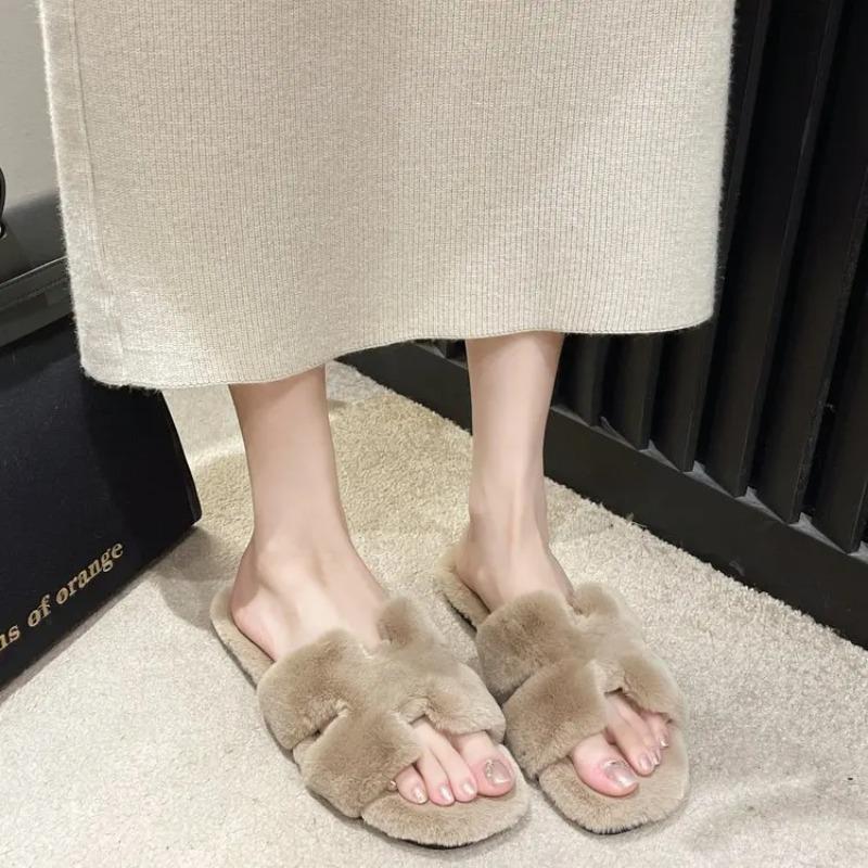 Fashion Lamb Fur Slippers Women's Casual Soft Bottom Slip-On Shoes Autumn Winter New Style Fashionable Rubber Slipper Comfortable Lazy