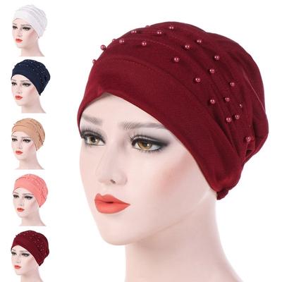 Le donne elastica Turbante cappello musulmano Hijab Perle cancro cappuccio velo rosso.