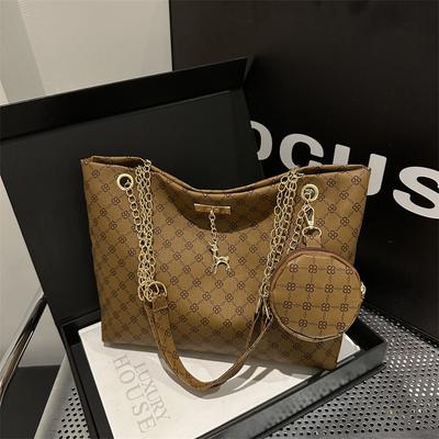 Elegant Women'S Vintage Chain Shoulder Bag Set with Large Capacity Tote and Matching Wallet, Magnetic Closure, Polyester Lined