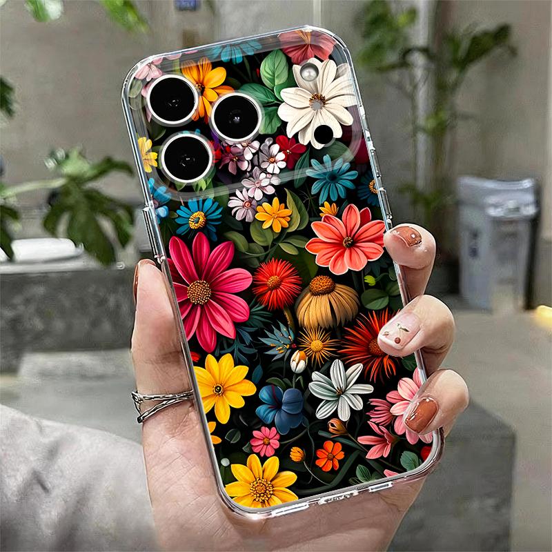 Transparent Flower Pattern Phone Case For iPhone 17e 17 16 15 14 13 Pro Max 17 16 Pro 16e 12 11 Clear Shockproof Soft Back Cover
