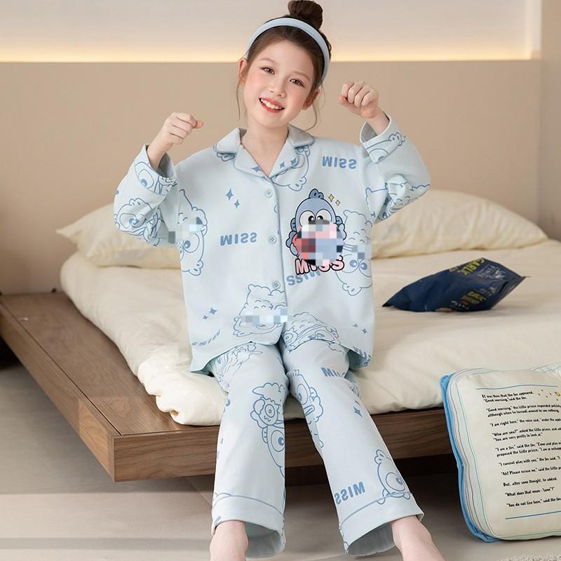 Girls Cotton Pajama Set With Collar Long Sleeve Cartoon Print Fall Kids Sleepwear Comfortable Home Outfit