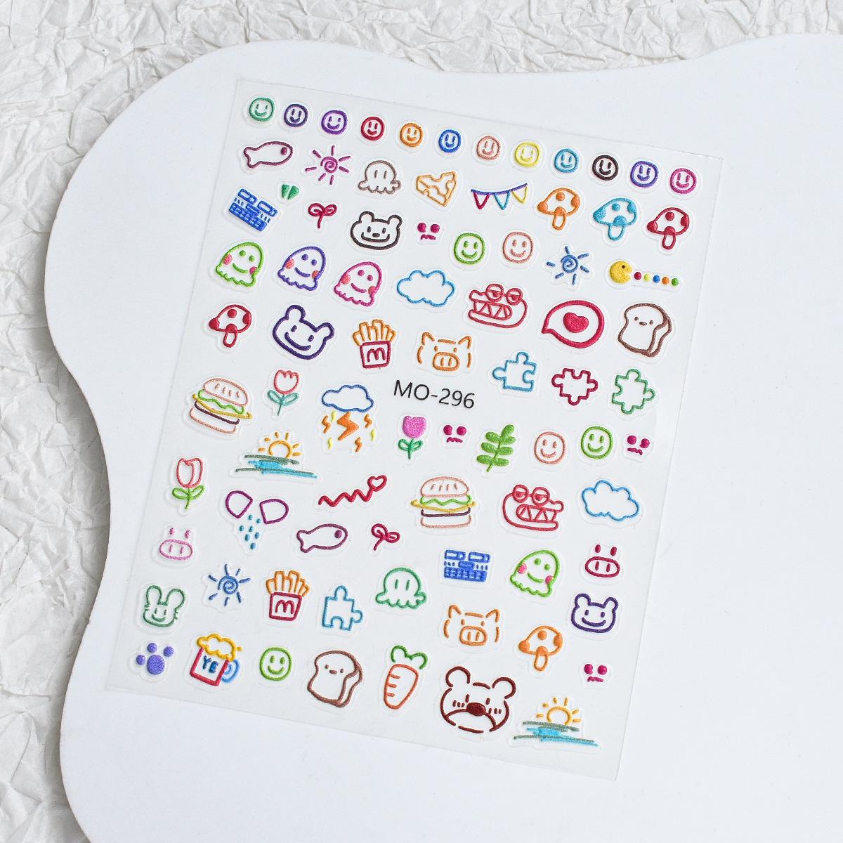 2026 New Year Cute Summer Graffiti Nail Stickers - Dopamine Lines, Childlike Back Adhesive