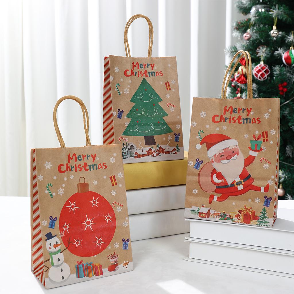 4PCS Christmas Gift Bag Kraft Paper Bags Merry Christmas Decoration 2024 For Home Cristmas Navidad New Year Gifts Packing Bags