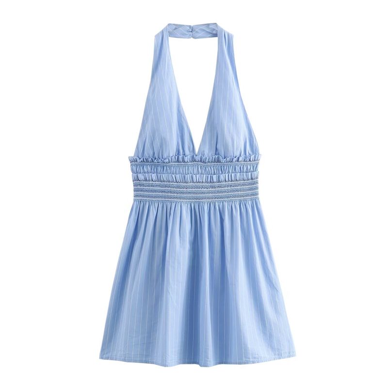 

Kaslead New Arrival Women s Clothing Fashion Style Fashion Stripes Poplin Hanging Collar Dress 0881376 Light blue L