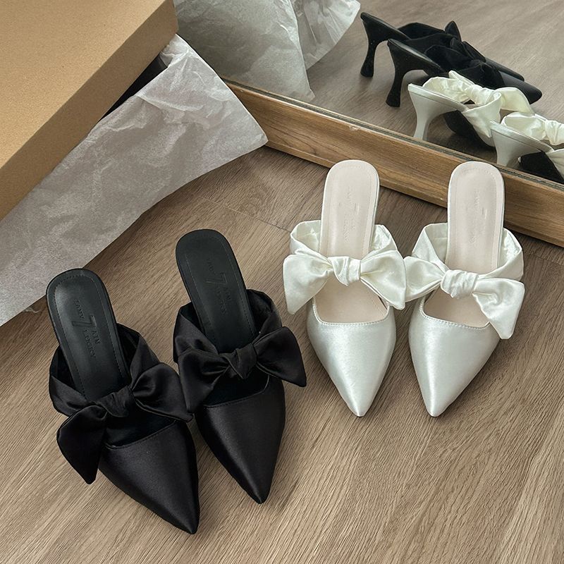 Thin heel height increase 2025 summer new bow pointed head bag head cool slippers women's niche going out high value slippers