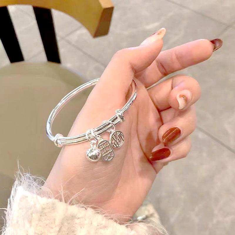 Ping An Fu Silver-Plated Adjustable Bracelet: Women's Fashion Bangle for Wealth, Good Fortune, and Holiday Gift