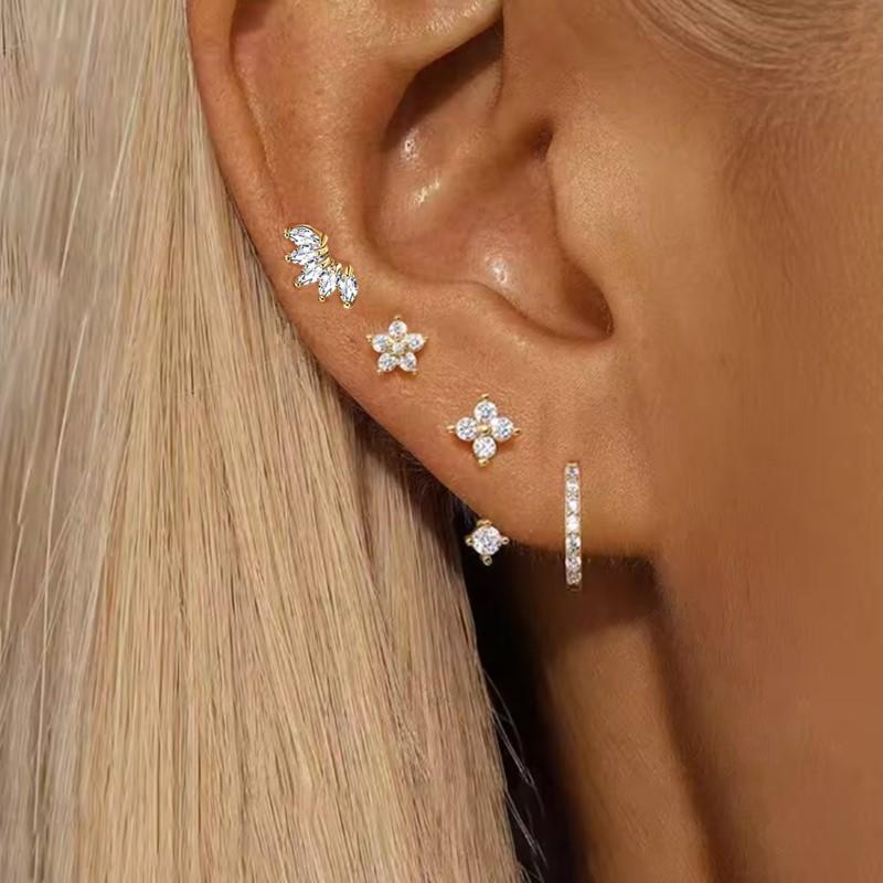 4PCS Fashion Zircon Round Hoop Earring Set Women Temperament Flower Ear Stud Huggie Earring Tragus Piercing Cartilage Jewelry