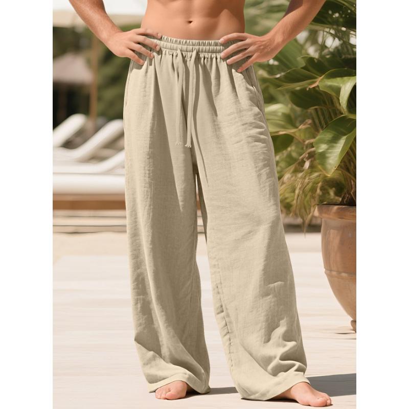 Men's Linen Pants Lightweight Drawstring Elastic Waist Loose Fit Straight Legs Pants With Pockets Breathable Beach Yoga Work Linen Trousers for Men