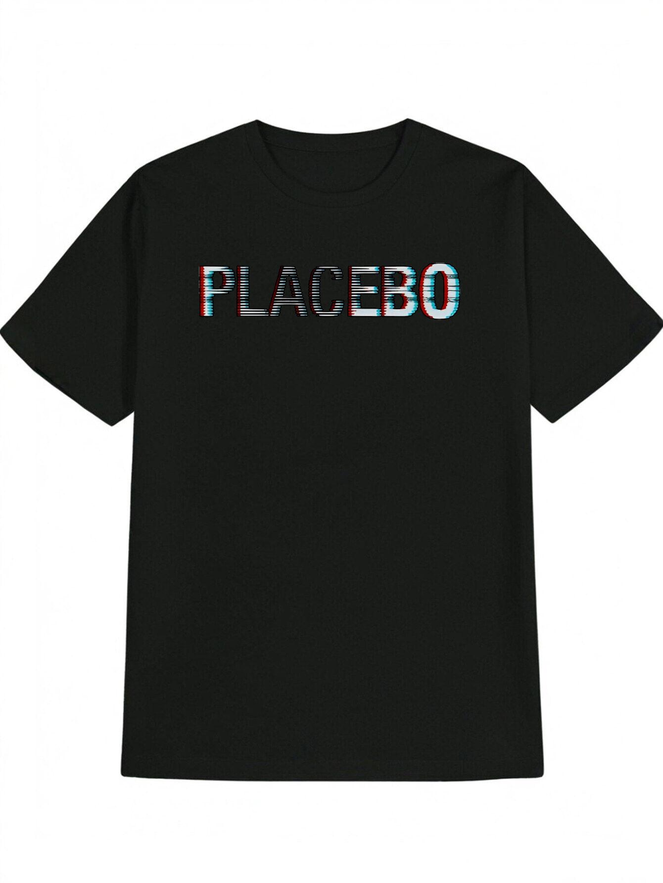 Casual Round Neck T-shirt with Bold PLACEBO Letter Print - Black S