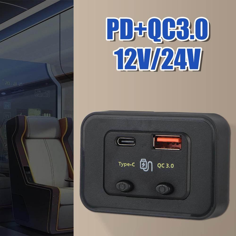 Auto Adapter 12V/24V LED Light Car Fast Charger Type C + QC3.0 USB A Port for Car RV RV Home Camper Caravans Phone Charger