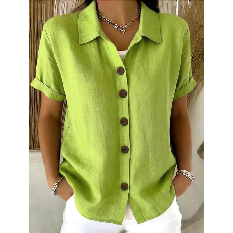 Casual Comfortable Cotton Linen Short Sleeve Button Shirt For Women