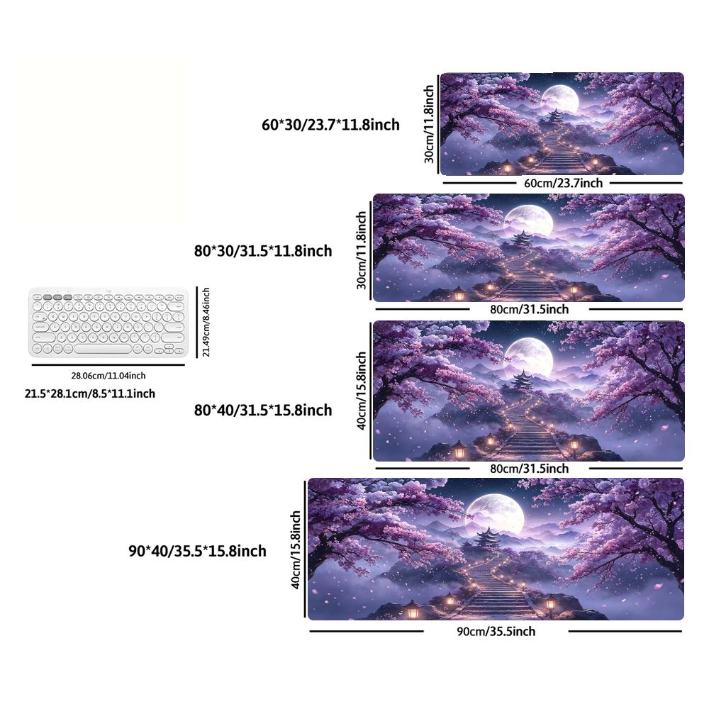 Tapis de Souris XXL Sakura Violet Pleine Lune Pagode Orientale Portail Torii Lac de Montagne Tapis de Jeu Antidérapant Pour Décoration de Bureau