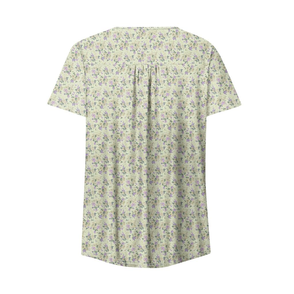 Women's Fashionable Casual V-Neck Floral Print Button-Down Short Sleeve T-Shirt Top