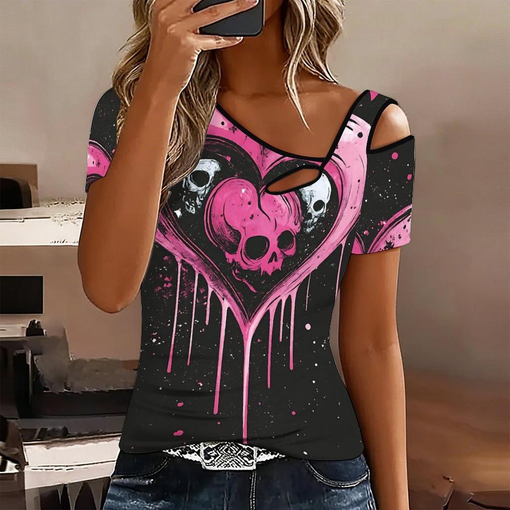 T-shirt da donna a maniche corte con stampa a forma di cuore, spalle scoperte, scollo irregolare con ritaglio, top casual estivo