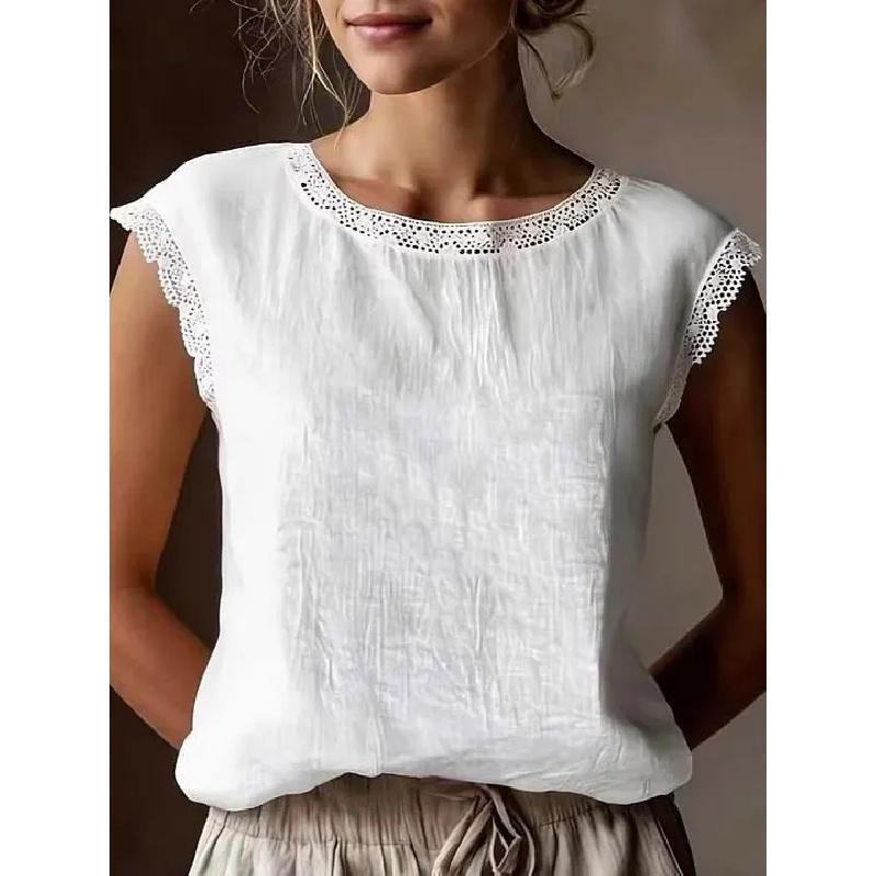 2026 Summer New Fashionable Women s Thin Lace Trim Round Neck Sleeveless Pullover Top S белый