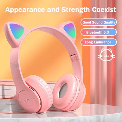 Wireless Bluetooth Headphones Cute Cat Ear Audio Stereo Sports Gaming Headset With Mic LED Lights Girl Earphone P47M