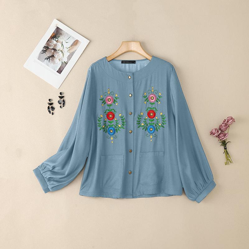 

ZANZEA Women Casual Floral Embroidery Loose Long Sleeve Blouse 5XL світло-синій колір