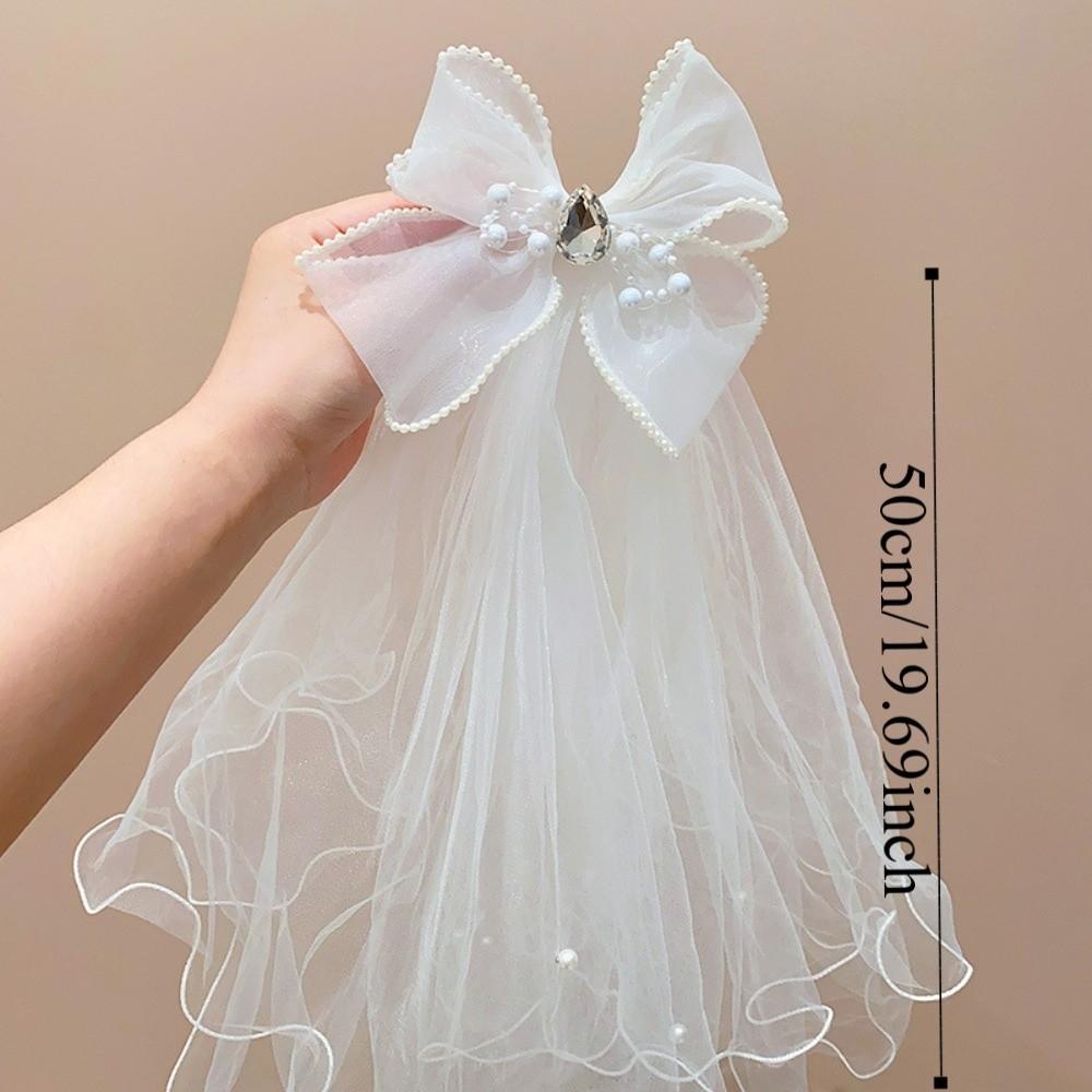 Fashion White Veil Hair Clip Bow Beads Girls Head Gauze Headdress Mesh Bridal Tulle Party Cosplay