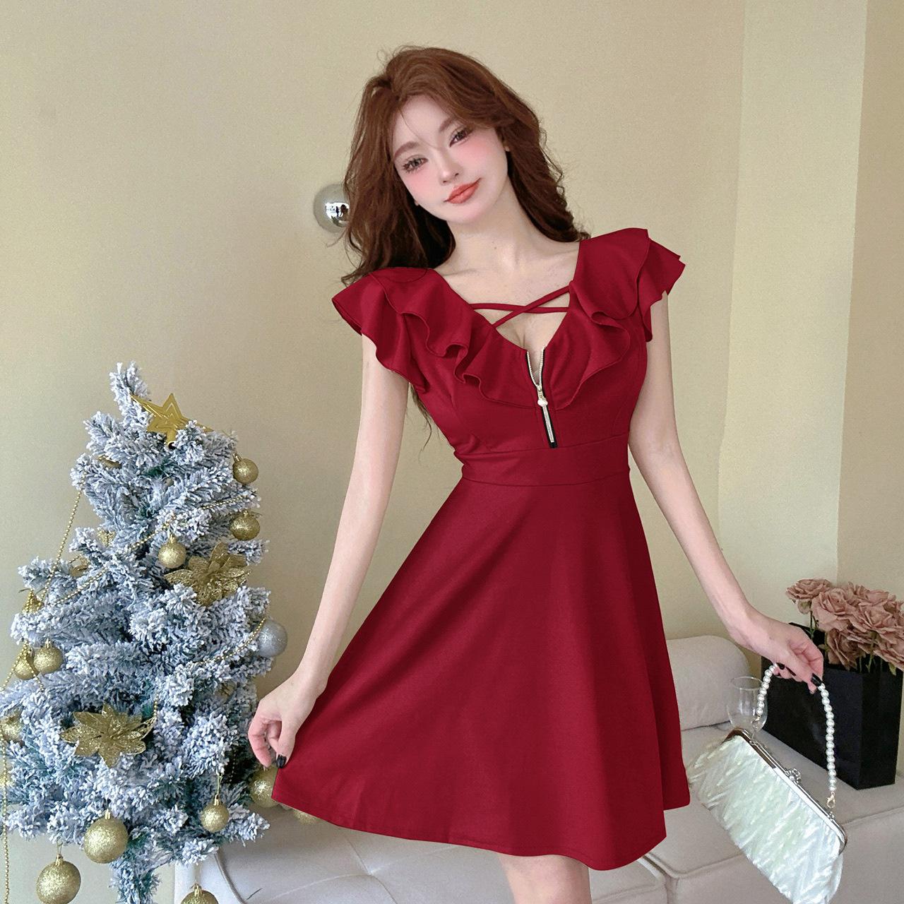 

2024 Ruffle Low-Cut Zipper Swing Dress: Slimming & Reversible Large червоний