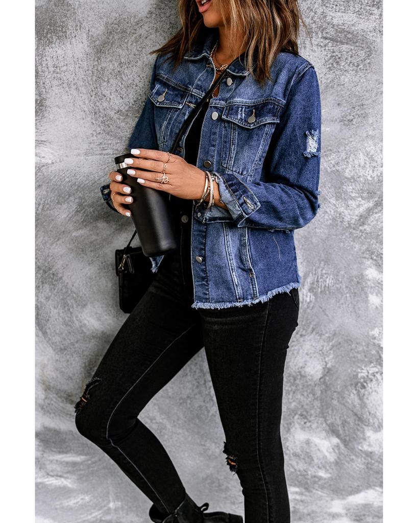 Azura Exchange Distressed Buttons Denim Jacket