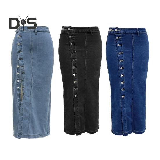 Women Denim Skirt High Waist Buttons Placket Solid Color Midi Skirt Irregular Slit Design Mid-calf Length Skirt