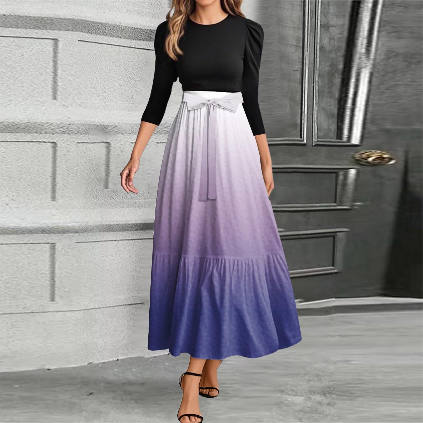 

Women s Fashion Casual Belt Round Neck Gradient Splicing Elegant Temperament Three-quarter Sleeve Dress S фіолетовий