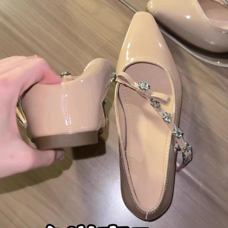 Temperament inner height increase nude pointed rhinestone light mouth single shoes women's autumn new soft sole versatile Mary Jane shoes