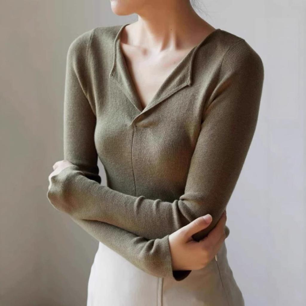 Früher Herbst Französischer Stil Grauer V-Ausschnitt Strickpullover Damen Premium Slim Fit Basisschicht Mode Oberteil