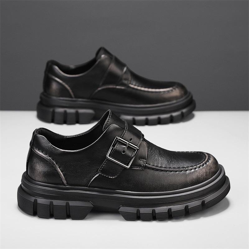 Men s Black Cowhide Derby Shoes - Thick Sole, Casual/Business, Height-Boosting, Lightweight Slip-on 44 чёрный