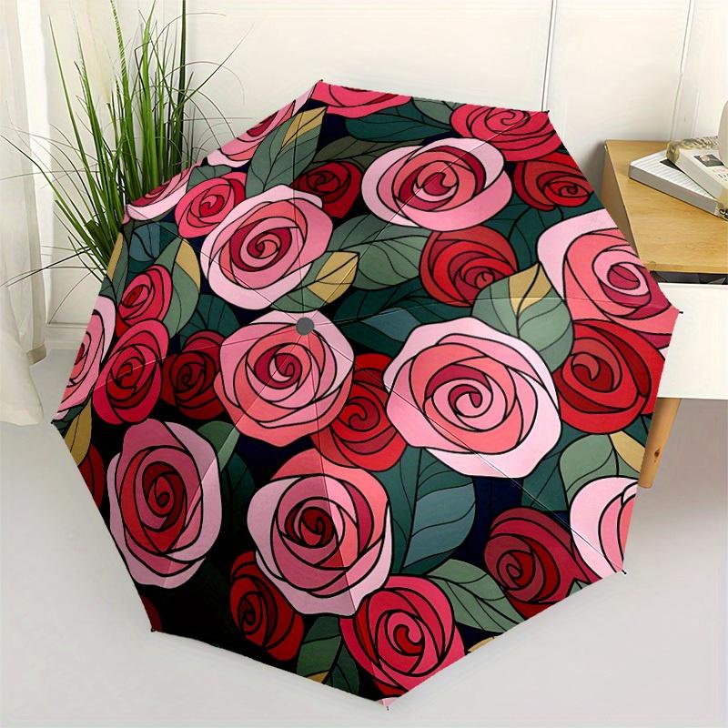 1pc Roses Pattern Folding Umbrella With Excellent UV Protection, 8 Ribs Casual Durable Lightweight Portable Travelling Umbrella For Men & Wo