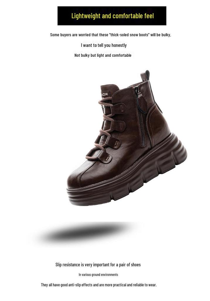 Autumn/Winter Thick-Soled Hidden Heel 8cm Side Zipper Versatile Women's Leather Martin Boots