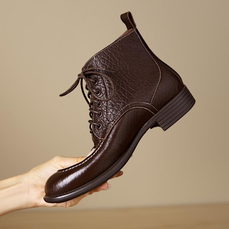 Fashion NEW Autumn/Winter Women Boots Genuine Leather Shoes for Women Round Toe Chunky Heel Shoes Lace-up Ankle Boots Black Modern Boots