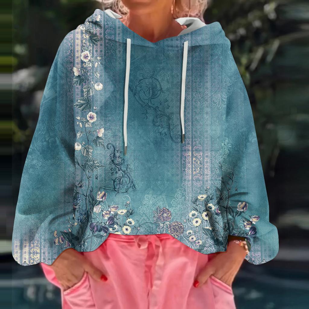 Women's Floral Print Loose Casual Long Sleeved Hooded Sweatshirt