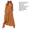 Women Bohemian Cotton Linen Dress Oversized V-neck Long Sleeve Swing Dress Pleated